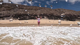 Girl Wetting Jeans in the Ocean and Swimming in Wet White T-shirt
