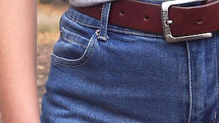 MILF Teasing Her Big Cameltoe in Blue Jeans Outdoors
