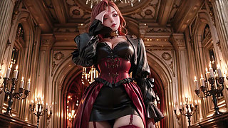 Gothic Redhead Queen! A lavish coronation in the candlelit hall, kneeling with a golden cup and sheer stockings.