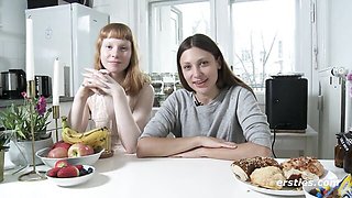 Bonnie kitchen chat then lesbian face-sitting on grey bed