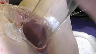 Very Close Spread Pussy Fucking with Dildo and Glass