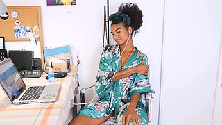 Busty lady with enormous hooters and a meaty bum plays