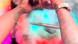 Hot blonde strokes and sucks black cock in glory hole