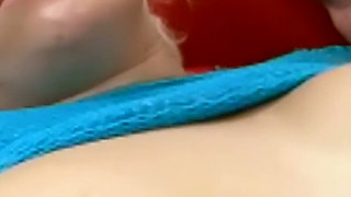 Oil Me up and Slide It in - Tanned Blonde in a Blue Fishnet Top Takes Him on the Red Bed