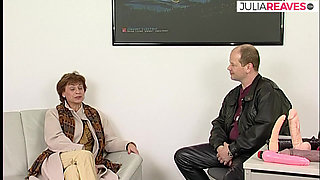 Granny moans in pleasure as a monster dildo is shoved into her pussy