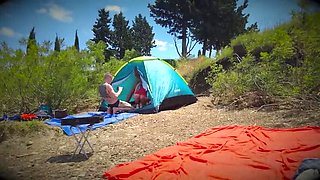 Blonde Wife Got Brutally Fucked by Two Guys in a Tent - Amateur Gangbang with Facial