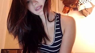 Busty curly brunette with big boobs fucks on couch