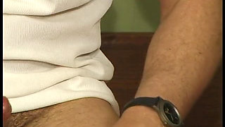 Stockinged gilf gets her hairy pussy dildoed and fucked by young fella