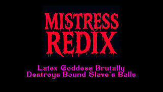 Latex Goddess Destroys Bound Slave's Balls with Sharp Stilettos