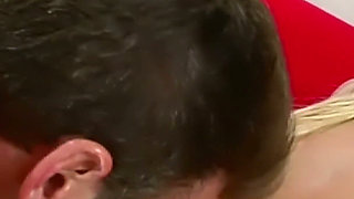 Batting Cage Blonde in a Pink Helmet Sucks and Rides Him on the Red Sofa