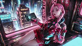 Pink-haired Mech Warrior! Kneeling in Neon Streets, Red Rose & Cold Armor Contrast, Fingertips tracing collarbones.