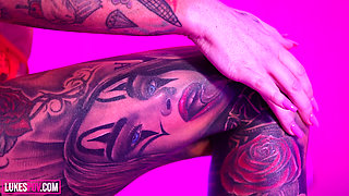 Blonde Tattooed Babe Gets Her Big Tits Covered in Cum