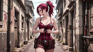 Redhead Warrior in Ruins! Forbidden Encounter in the Industrial Wasteland, her tight combat suit soaked and hazy eyes.
