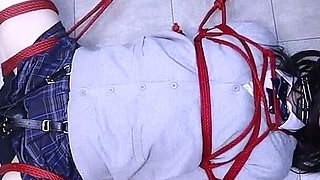 The Lovely Girlfriend Is Bound by Gloves, a Collar, and a Gag