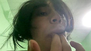In english, wide open, young ladyboy