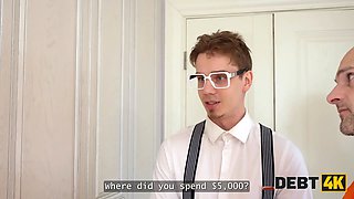 Debt4k. hot debtor polly yangs is dancing for 2 debt collectors and then gets pounded in Double Penetration