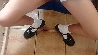 19 Year Old College Girl in Uniform Play with Vibrator in Mini Skirt in Toilet