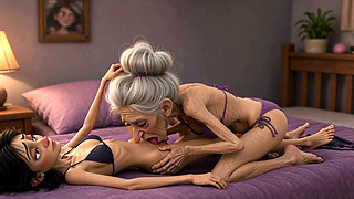 Extremely Skinny Old Woman Licks a Skinny Young Woman's Pussy