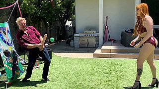 Big-booty redhead MILF plays ball with her stepson's huge white cock